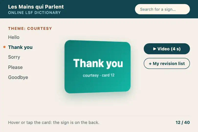 A word on the front, the description of the sign on the back — online dictionary of a Deaf association — Card Flip 3D example 1