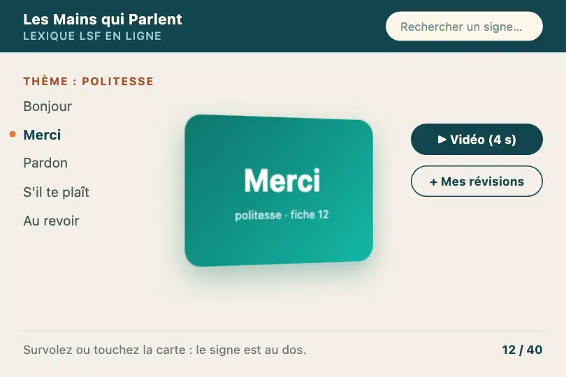 Un mot en français au recto, la description du signe au verso — lexique en ligne d'une association de sourds — Card Flip 3D exemple 1