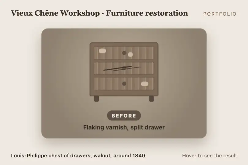 Chest of drawers before / after restoration — portfolio of a furniture restorer — Card Flip 3D example 2