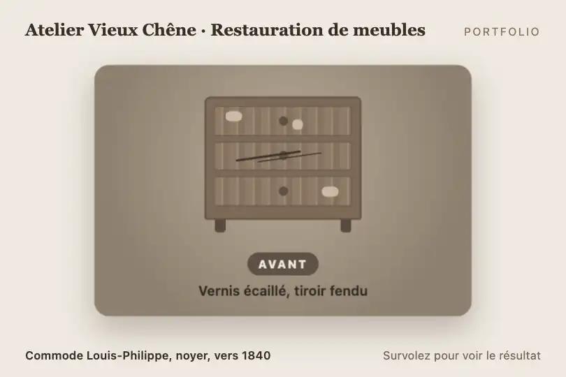 Commode avant / après restauration — portfolio d'une ébéniste restauratrice — Card Flip 3D exemple 2