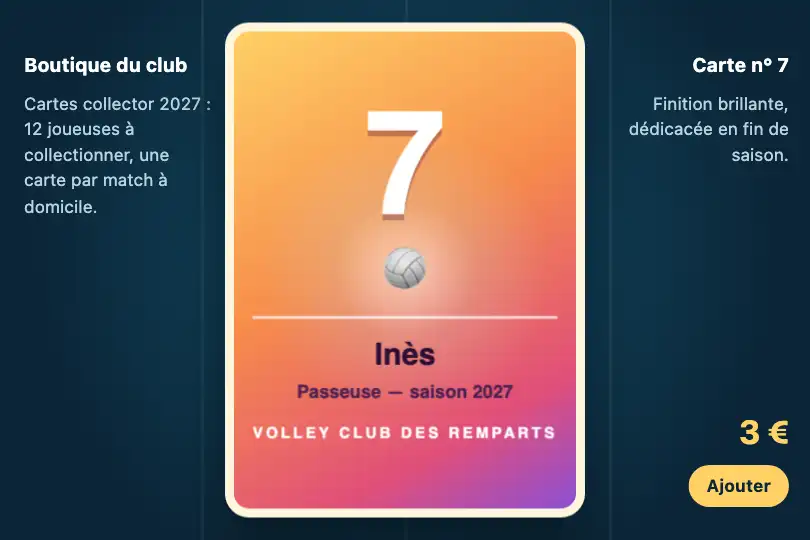Carte à collectionner d'une joueuse de volley — boutique d'un club de volley — Perspective Tilt exemple 2