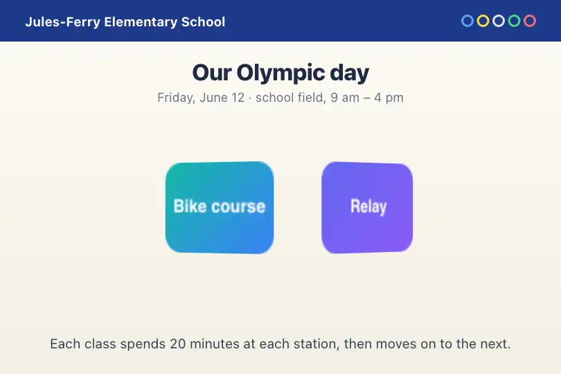 Rotating stations for an Olympic day — elementary school page — 3D Carousel example 1