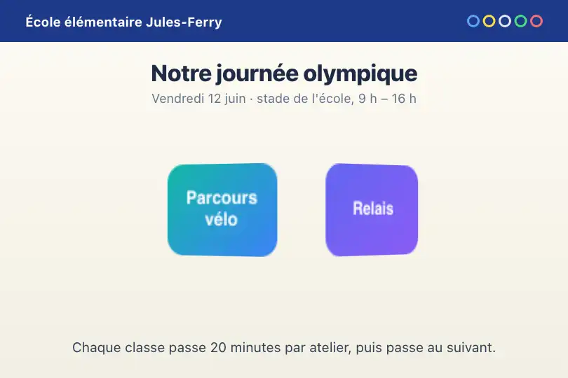 Ateliers tournants d'une journée olympique — page d'une école élémentaire — 3D Carousel exemple 1