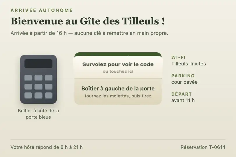 Code du boîtier à clés sous le rabat — page d'arrivée autonome d'un gîte rural — Folding Panel exemple 1