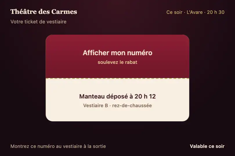 Numéro du vestiaire sous le rabat du ticket — appli d'une salle de spectacle — Folding Panel exemple 2