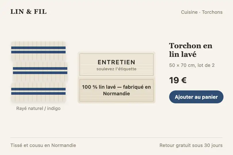 Conseils d'entretien sous le rabat de l'étiquette — fiche produit d'une marque de linge en lin — Folding Panel exemple 3