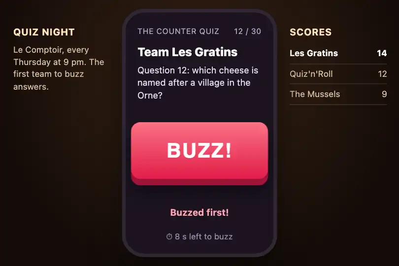 The quiz buzzer — players' phones during a bar's quiz night — 3D Button Press example 1