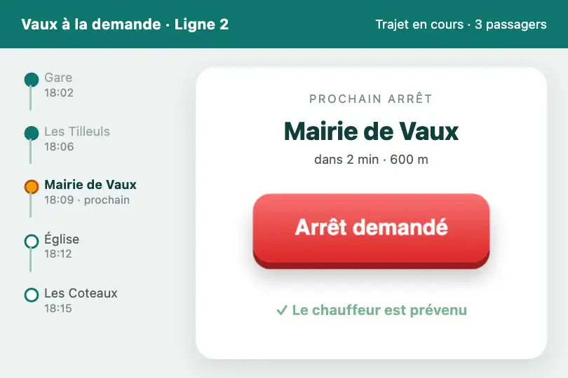 Bouton « Arrêt demandé » — appli voyageurs d'un minibus de transport à la demande — 3D Button Press exemple 2