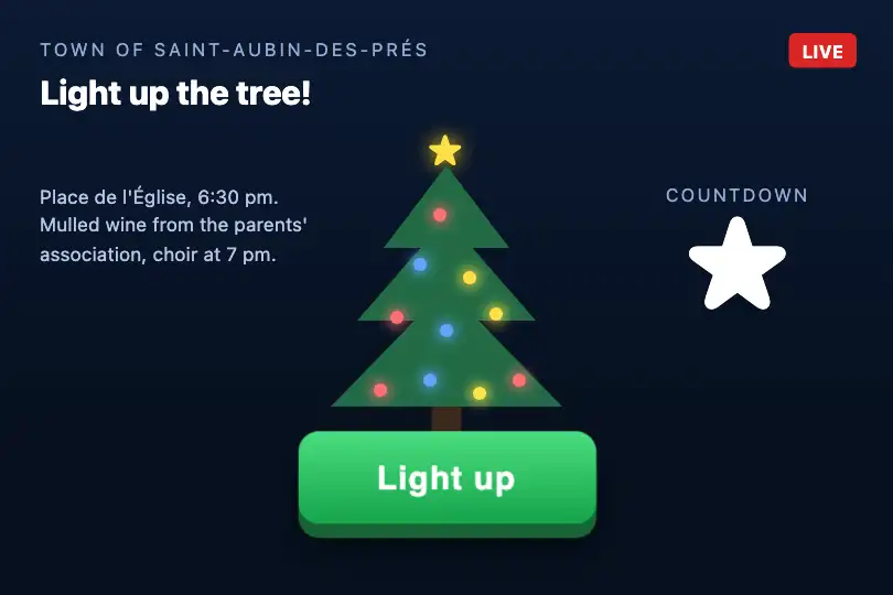"Light up the tree!" — a town hall's lighting ceremony page — 3D Button Press example 3