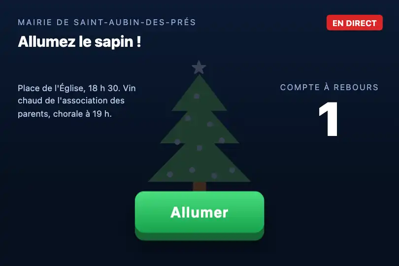 « Allumez le sapin ! » — page de la cérémonie des illuminations d'une mairie — 3D Button Press exemple 3