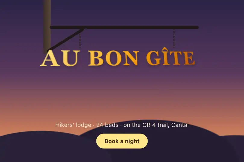 Hanging sign swaying in the wind — website of a hikers' lodge in Auvergne — Rotating Text example 1