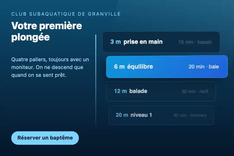 Les quatre paliers d'un baptême de plongée — page d'un club de plongée — 3D Menu Stack exemple 1