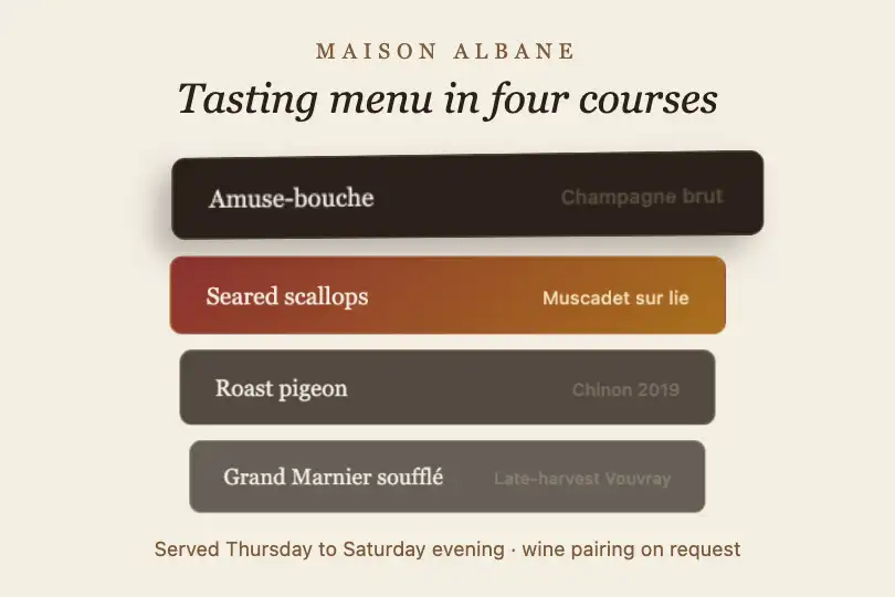 The four courses of a tasting menu — a fine-dining restaurant's site — 3D Menu Stack example 2