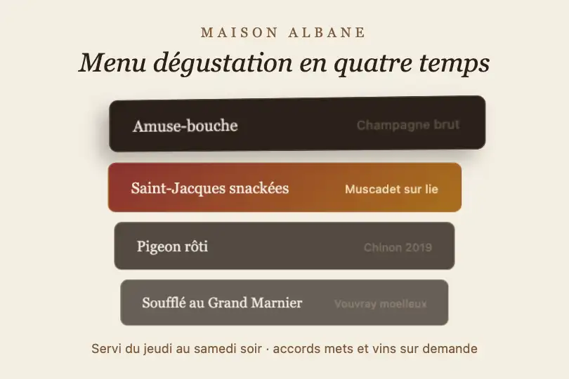 Les quatre plats d'un menu dégustation — site d'un restaurant gastronomique — 3D Menu Stack exemple 2
