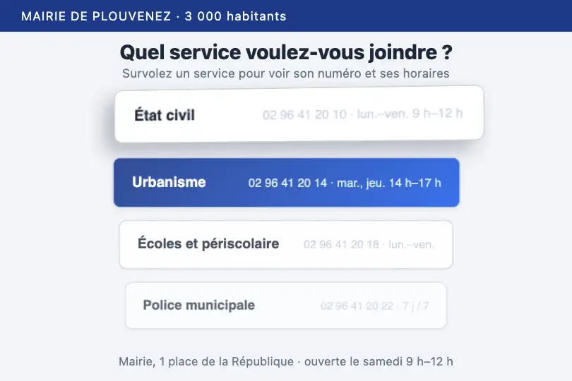 Quatre services joignables — page contact d'une mairie de 3 000 habitants — 3D Menu Stack exemple 3