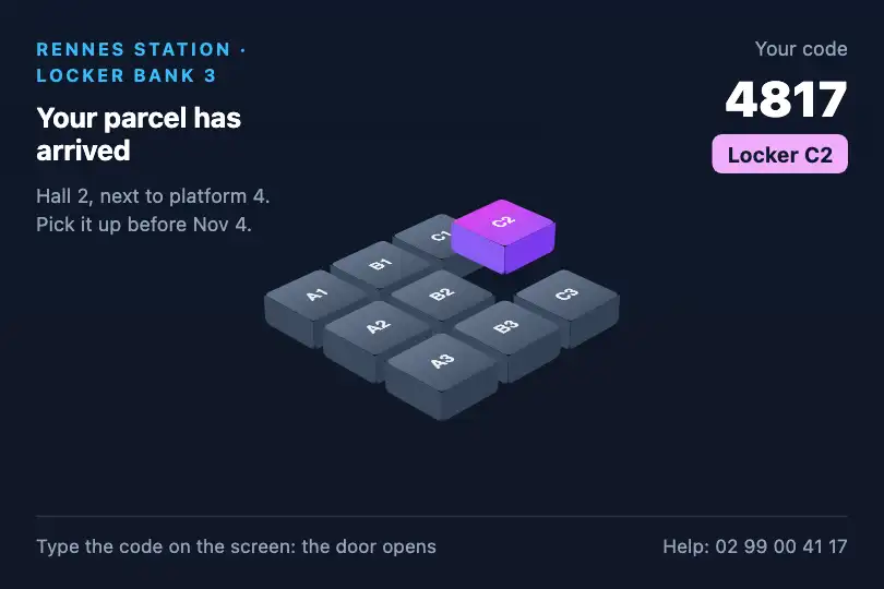 The nine lockers of a smart locker bank — parcel pick-up app at a train station — Isometric Grid example 2