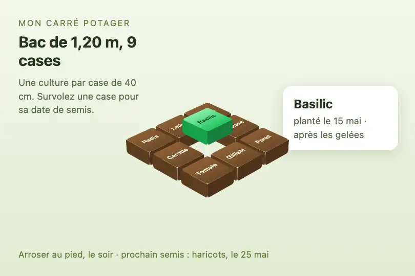 Carré potager de neuf cases — appli de jardinage en carrés — Isometric Grid exemple 3
