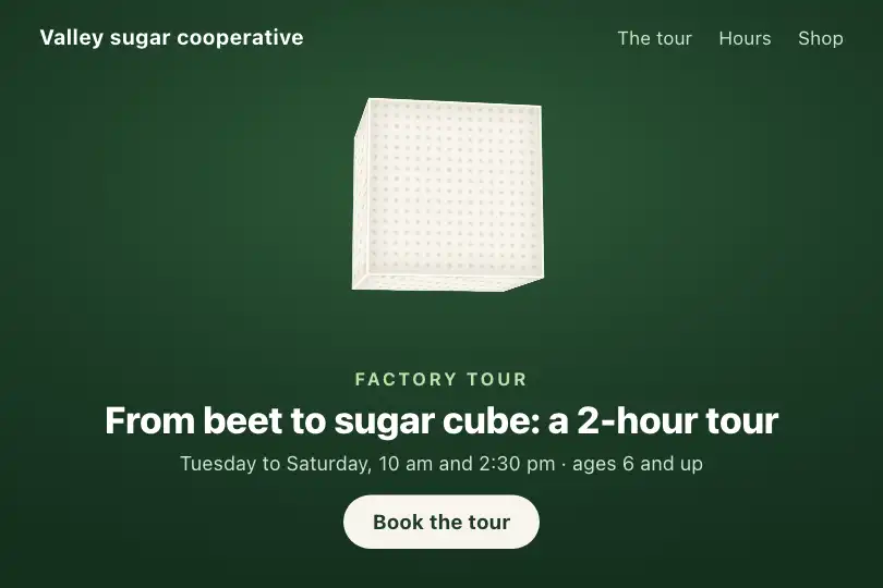 Sugar cube in midair — "Factory tour" page of a sugar cooperative — Cube Auto-Rotation example 3