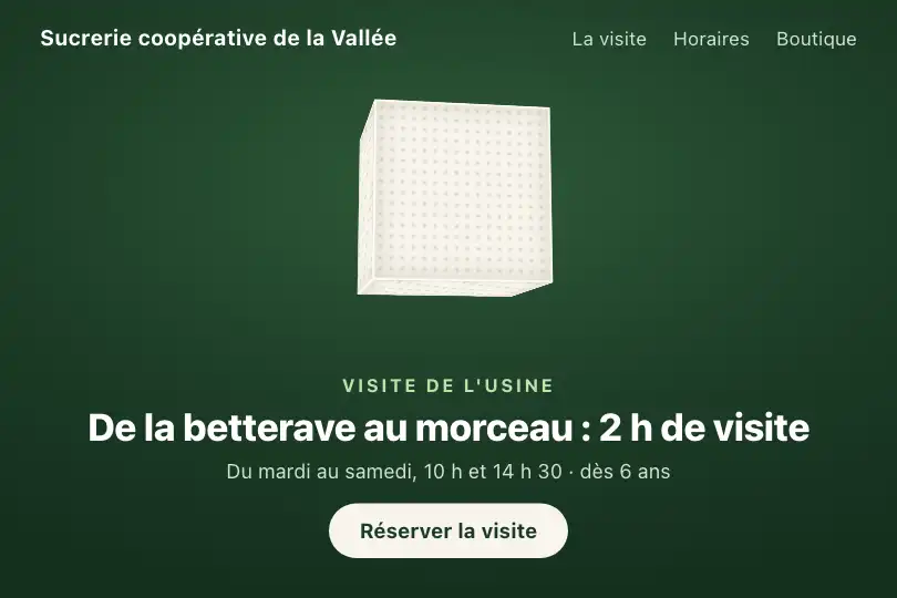 Morceau de sucre en suspension — page « Visite de l'usine » d'une sucrerie coopérative — Cube Auto-Rotation exemple 3