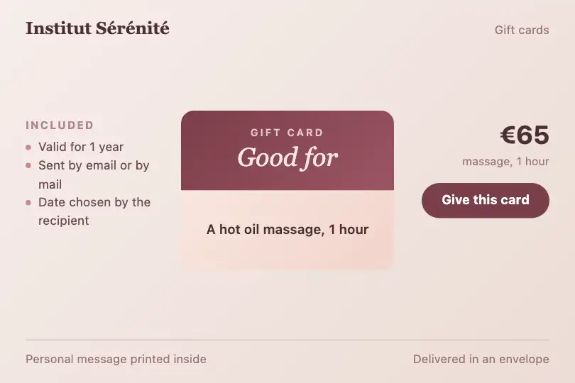 Folded "1-hour massage" gift card — online shop of a beauty salon — Fold Effect Card example 3