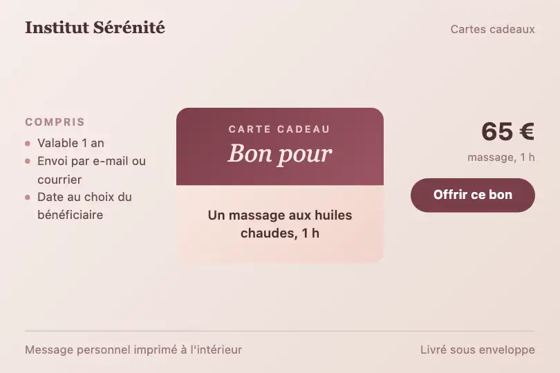 Bon cadeau plié « Massage 1 h » — boutique en ligne d'un institut de beauté — Fold Effect Card exemple 3