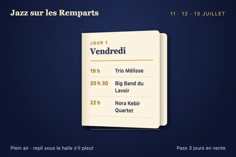 Programme d'un festival de jazz feuilleté jour par jour — Page Turn Effect exemple 3