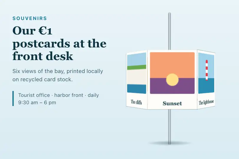 Postcard spinner — "Souvenirs" page of a seaside tourist office — Prism Rotation example 1