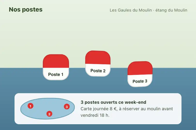 Trois bouchons de pêche sur l'eau — page « Nos postes » d'une association de pêche — Floating Elements 3D exemple 2