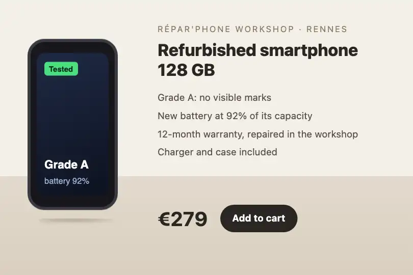 The refurbished phone lifts off the table — a repair shop's product page — Shadow Perspective example 1