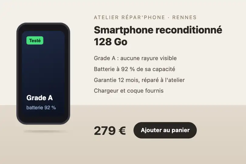 Le téléphone reconditionné se soulève de la table — fiche produit d'un atelier de réparation — Shadow Perspective exemple 1