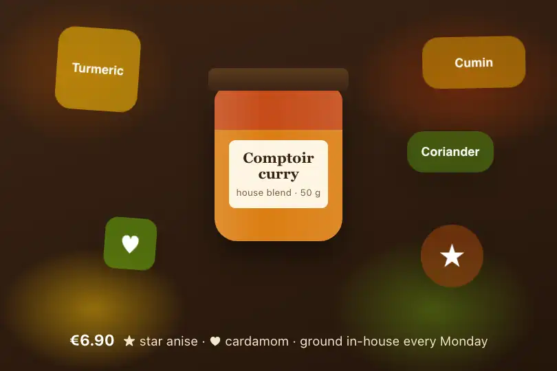 The spices of a house blend floating in midair — product page of a fine food shop — Floating Elements example 1