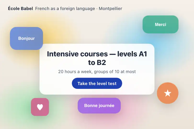 Everyday words in zero gravity — home page of a French-as-a-foreign-language school — Floating Elements example 2