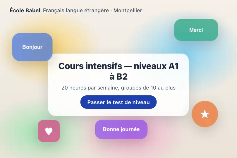 Mots du quotidien en apesanteur — page d'accueil d'une école de français langue étrangère — Floating Elements exemple 2