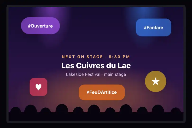 The event's hashtags on the big screen — open-air music festival — Floating Elements example 3