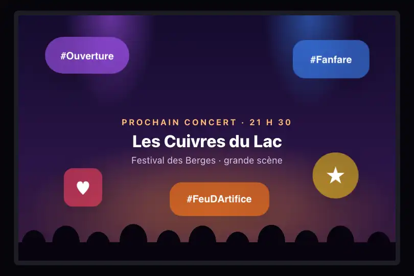Les mots-dièse de l'événement sur l'écran géant — festival de musique en plein air — Floating Elements exemple 3