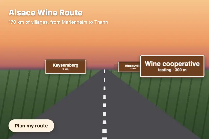 Wine route signs coming closer — website of a tourist route — Perspective Scroll example 2