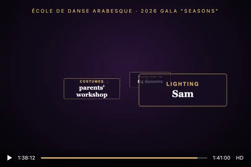 End credits of the dance recital — online video of a dance school — Perspective Scroll example 3