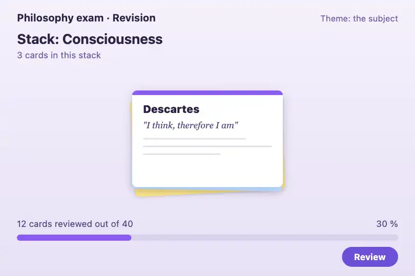 Revision cards spread out — philosophy exam revision app — Layered Paper example 3
