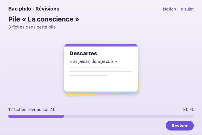 Fiches de révision étalées — appli de révision du bac de philosophie — Layered Paper exemple 3