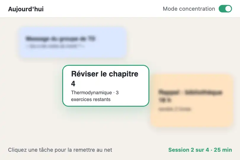 Mode concentration : seule la tâche en cours reste nette — appli d'organisation pour étudiants — Depth of Field exemple 3