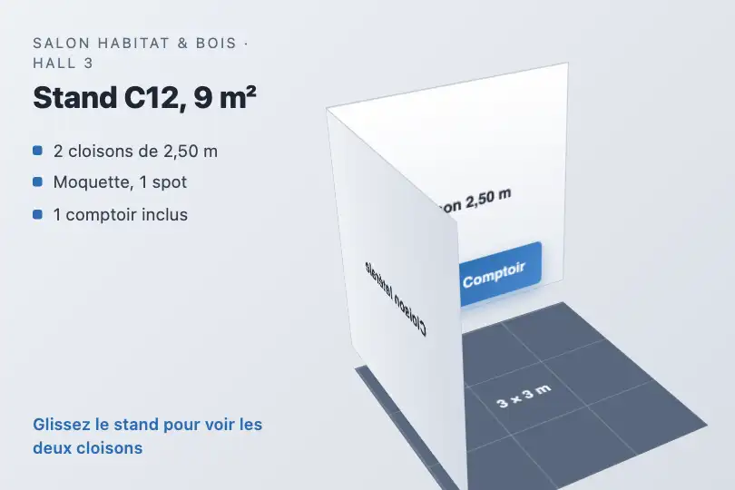 Un stand de 9 m² sur le salon — plan d'implantation pour les exposants — 3D Room exemple 1