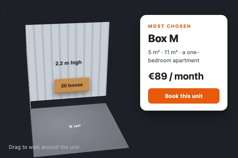 The storage unit in 3D — pricing page of a self-storage center — 3D Room example 2