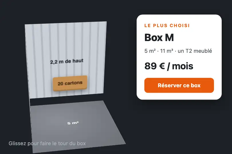 Le box de garde-meubles en volume — page tarifs d'un centre de stockage — 3D Room exemple 2