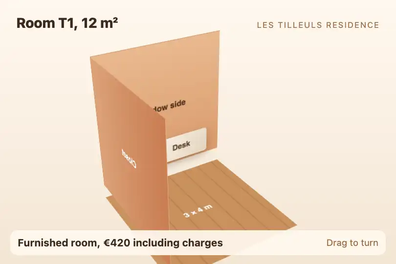 The 12 m² room — student residence — 3D Room example 3