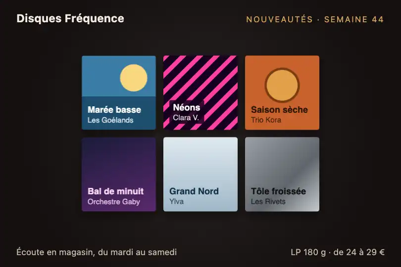 Six pochettes de vinyles — bacs « Nouveautés » d'un disquaire indépendant — Parallax Tilt Gallery exemple 1