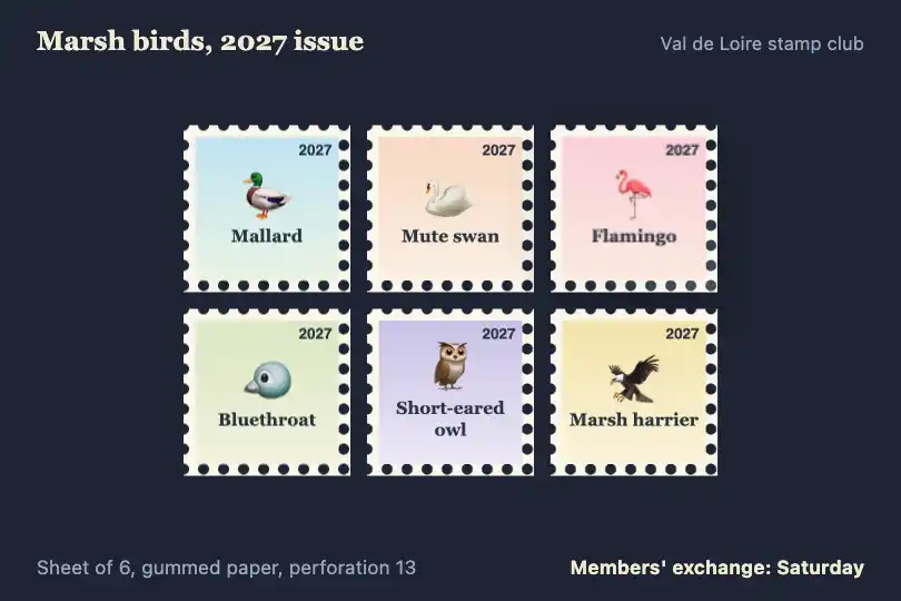 Sheet of six stamps from the new issue — website of a stamp club — Parallax Tilt Gallery example 3