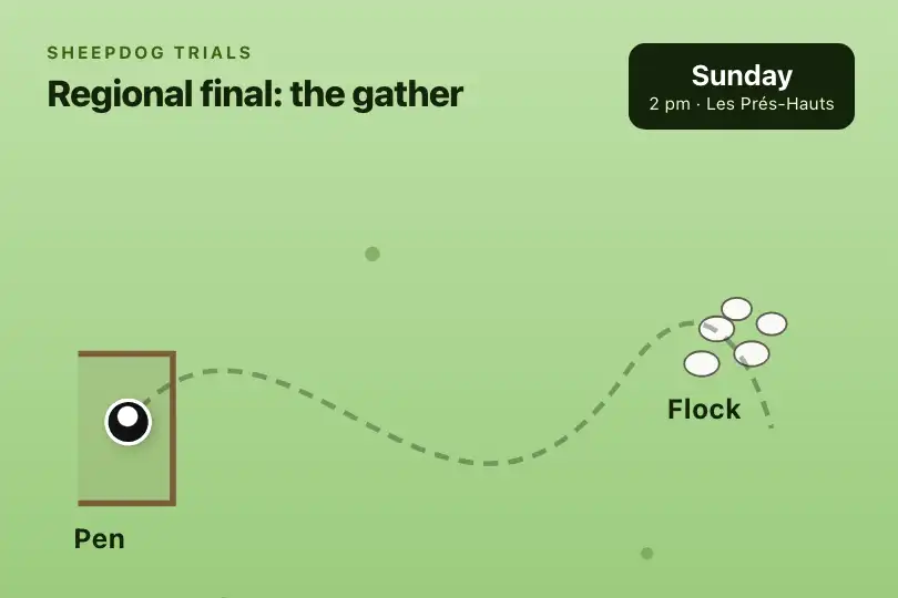 The sheepdog bringing the flock in — page of a sheepdog trial — SVG Path Follow example 2