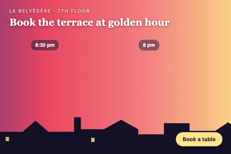 Sunset from the terrace — page of a rooftop restaurant — 360 Viewer example 1