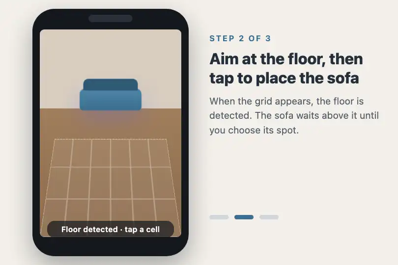 "Aim at the floor, then tap to place the sofa" — help page of an augmented reality furniture app — AR Object Placer example 1
