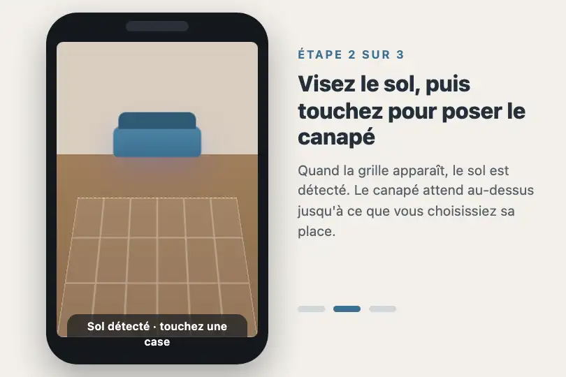 « Visez le sol, puis touchez pour poser le canapé » — page d'aide d'une appli de mobilier en réalité augmentée — AR Object Placer exemple 1